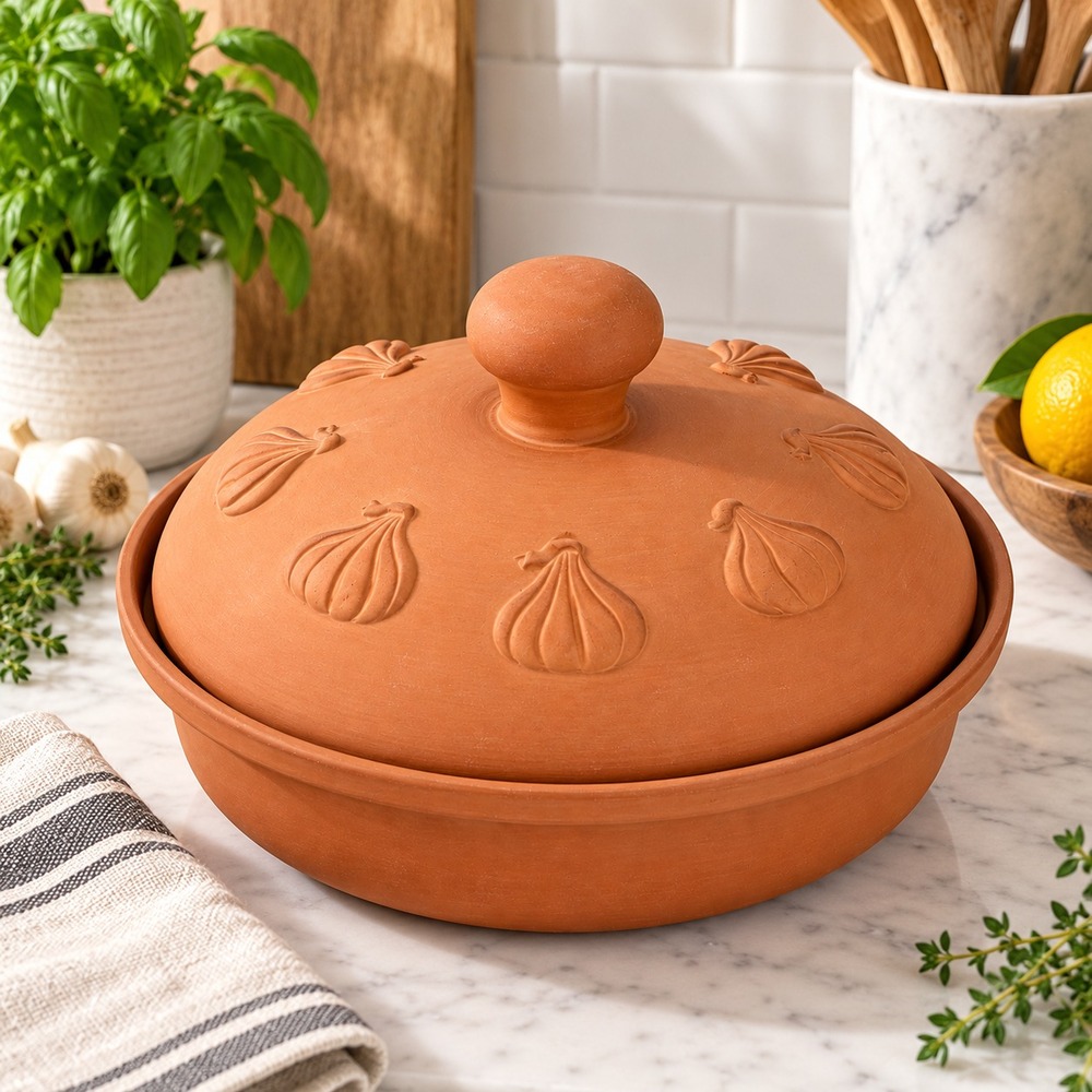 Vtg PIC Garlic Baker Terracotta Dome Lid Glazed Base Embossed Garlic Bulb Design